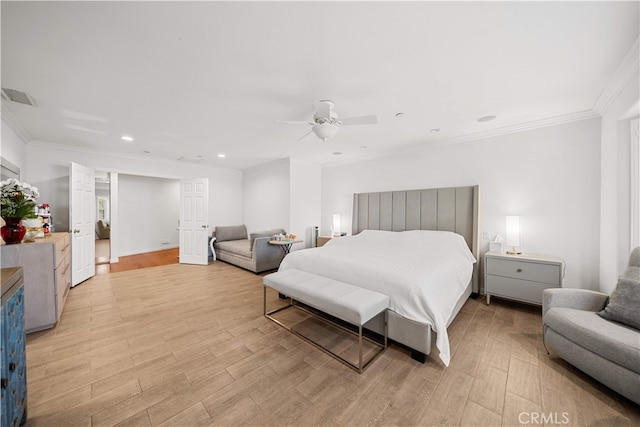 1621 Bryan Ave, Tustin, CA 92780 - bedroom with light wood-type flooring, ornamental molding, recessed lighting, and a ceiling fan
