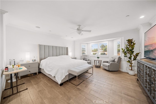 1621 Bryan Ave, Tustin, CA 92780 - bedroom featuring wood finished floors, crown molding, a ceiling fan, recessed lighting, and baseboards