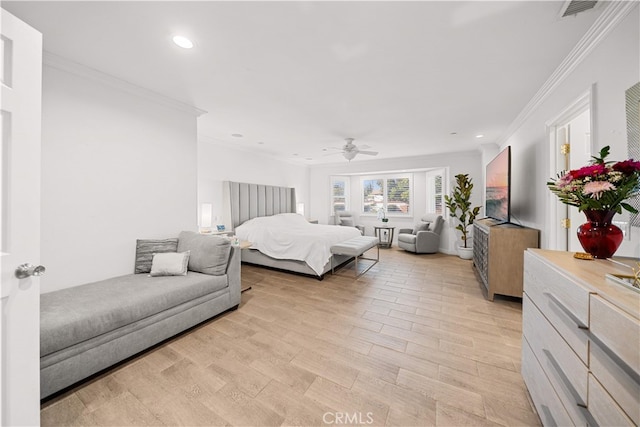 1621 Bryan Ave, Tustin, CA 92780 - bedroom featuring crown molding, recessed lighting, light wood-style flooring, and a ceiling fan