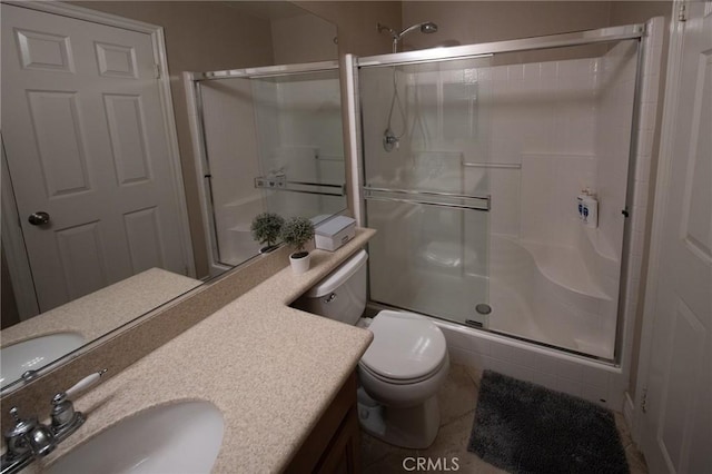 35197 Hogan Dr, Beaumont, CA 92223 - bathroom with a shower stall, vanity, toilet, and tile patterned flooring