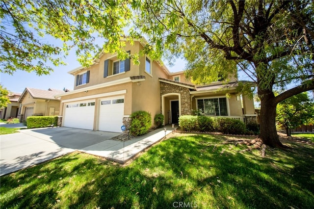 35197 Hogan Dr, Beaumont, CA 92223 - traditional-style home with stucco siding, stone siding, a garage, driveway, and a front lawn