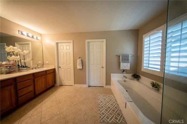 35197 Hogan Dr, Beaumont, CA 92223 - full bath with vanity, a garden tub, tile patterned floors, and baseboards