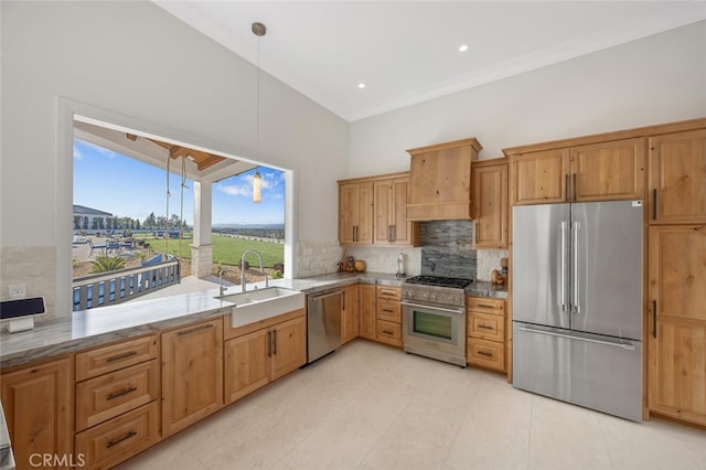 277 Crestview Ave, Camarillo, CA 93010 - kitchen featuring stainless steel appliances, a sink, tasteful backsplash, custom exhaust hood, and ornamental molding