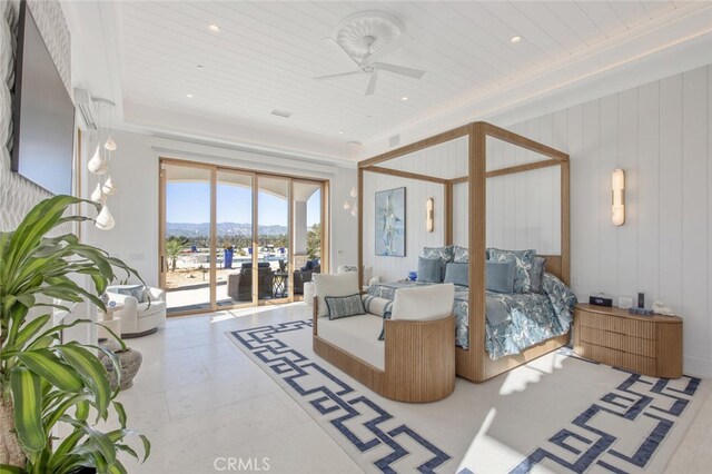 277 Crestview Ave, Camarillo, CA 93010 - bedroom featuring access to outside, a mountain view, wooden ceiling, and ceiling fan