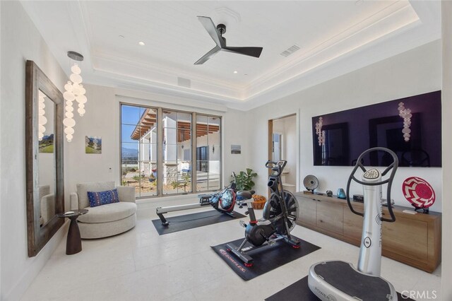 277 Crestview Ave, Camarillo, CA 93010 - exercise room featuring a tray ceiling, ceiling fan, and ornamental molding