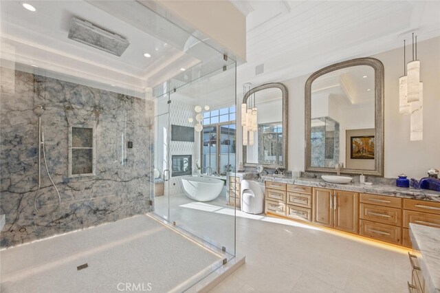 277 Crestview Ave, Camarillo, CA 93010 - full bathroom featuring vanity, a freestanding tub, recessed lighting, tile patterned flooring, and a stall shower