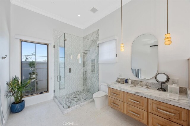 277 Crestview Ave, Camarillo, CA 93010 - full bath featuring a stall shower, vanity, crown molding, toilet, and tile patterned flooring