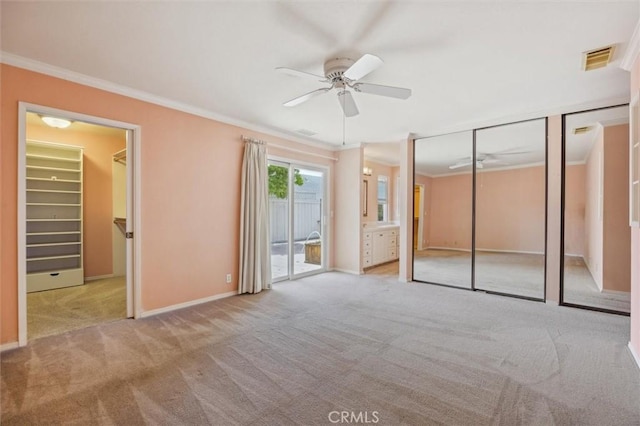 855 Dahlia Ln, San Luis Obispo, CA 93401 - unfurnished bedroom featuring ornamental molding, carpet, access to outside, baseboards, and ceiling fan
