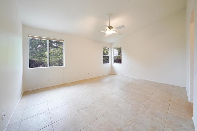 23425 Mountain Peak Rd, Ramona, CA 92065 - empty room featuring ceiling fan, light tile patterned flooring, lofted ceiling, and baseboards