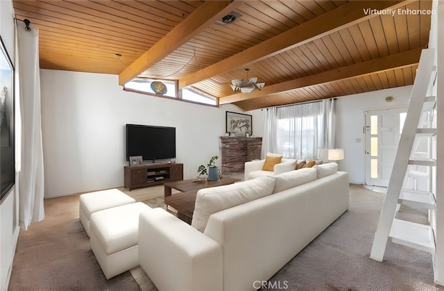 carpeted living room featuring wood ceiling