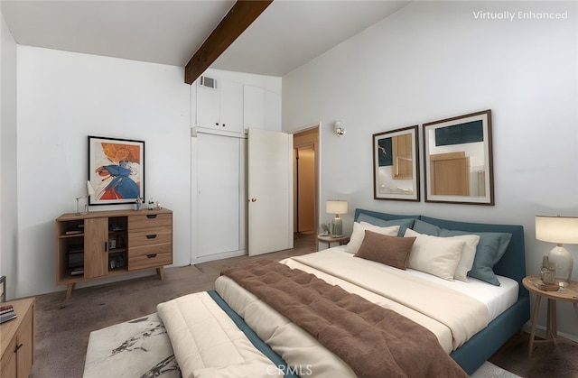 bedroom featuring beam ceiling, carpet, and high vaulted ceiling