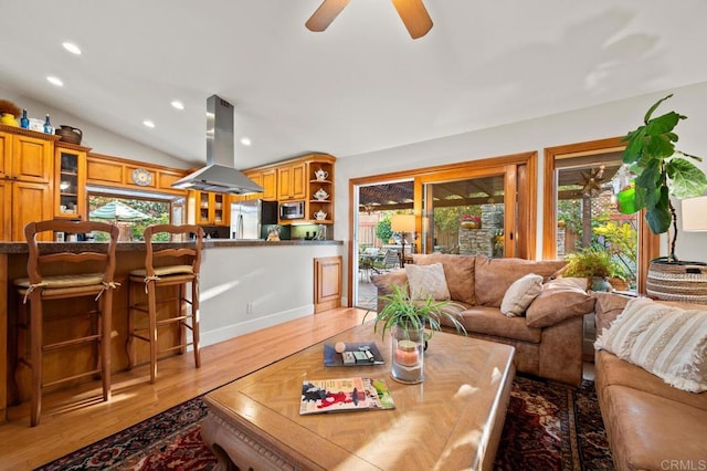 1850 Willowhaven Rd, Encinitas, CA 92024 - living room featuring plenty of natural light, light wood-type flooring, recessed lighting, a ceiling fan, and lofted ceiling