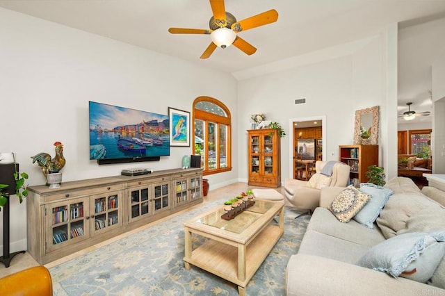 1850 Willowhaven Rd, Encinitas, CA 92024 - living room with ceiling fan and high vaulted ceiling