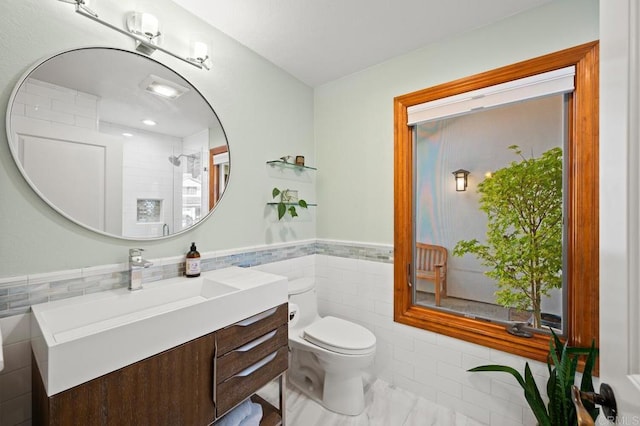 1850 Willowhaven Rd, Encinitas, CA 92024 - full bath with tile walls, vanity, a wainscoted wall, and a shower