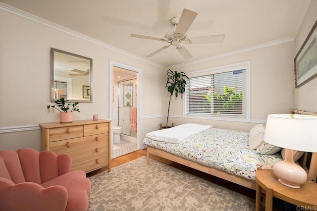 1850 Willowhaven Rd, Encinitas, CA 92024 - bedroom featuring ornamental molding, wood finished floors, ensuite bathroom, and ceiling fan