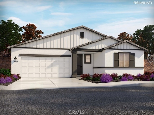 35203 Lopez Ln, Beaumont, CA 92223 - view of front facade with board and batten siding, a garage, and concrete driveway