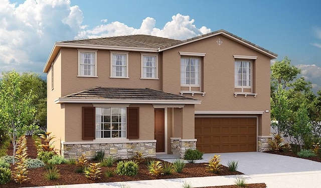 614 Clarence Muse Loop, Perris, CA 92570 - view of front of house with an attached garage, driveway, stucco siding, and stone siding
