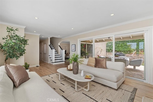 1981 San Remo, Laguna Beach, CA 92651 - living area with arched walkways, wood finished floors, stairway, ornamental molding, and recessed lighting