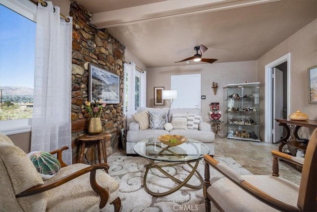 61961 Aster Pl, Joshua Tree, CA 92252 - living area with beam ceiling and ceiling fan