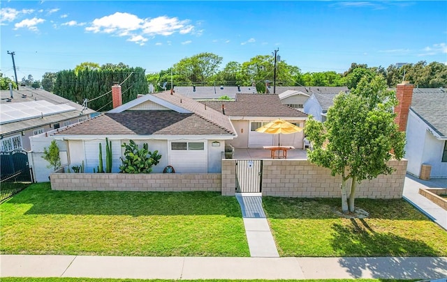 17331 Newland St, Huntington Beach, CA 92647 - view of front of property with a gate, a shingled roof, stucco siding, and a chimney