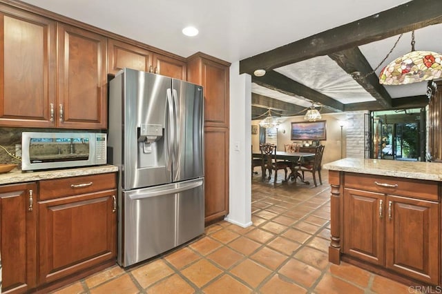 6036 Rainbow Heights Rd, Fallbrook, CA 92028 - kitchen with appliances with stainless steel finishes, beam ceiling, recessed lighting, light tile patterned floors, and brown cabinetry
