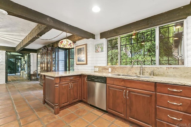 6036 Rainbow Heights Rd, Fallbrook, CA 92028 - kitchen with dishwasher, a sink, beam ceiling, dark tile patterned floors, and light stone counters
