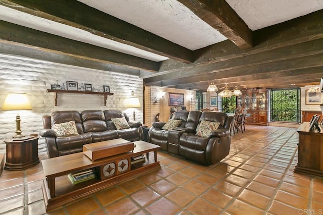 6036 Rainbow Heights Rd, Fallbrook, CA 92028 - living area featuring beamed ceiling and tile patterned floors