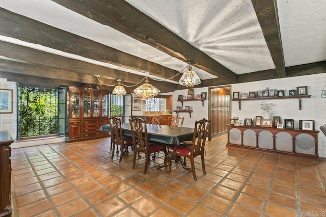 6036 Rainbow Heights Rd, Fallbrook, CA 92028 - dining area featuring beam ceiling, a chandelier, and tile patterned floors