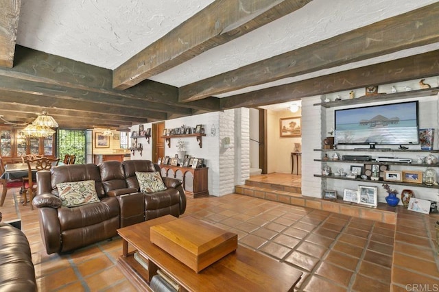 6036 Rainbow Heights Rd, Fallbrook, CA 92028 - tiled living room featuring beamed ceiling and a chandelier