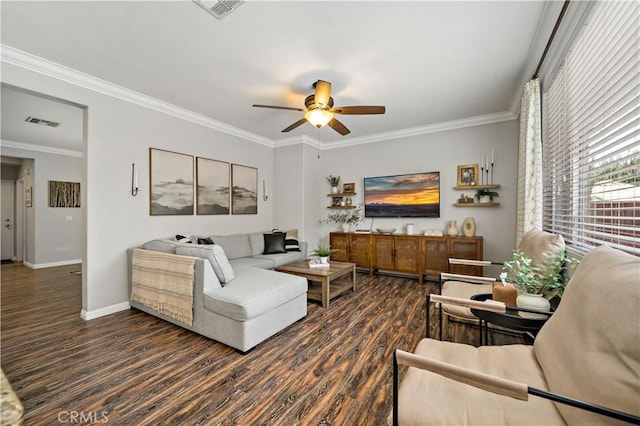 27423 Larabee Ct Unit 3, Murrieta, CA 92562 - living area featuring dark wood-type flooring, ceiling fan, ornamental molding, and baseboards