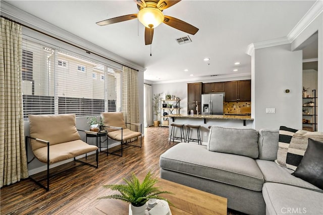 27423 Larabee Ct Unit 3, Murrieta, CA 92562 - living area with dark wood-type flooring, ornamental molding, a ceiling fan, and recessed lighting