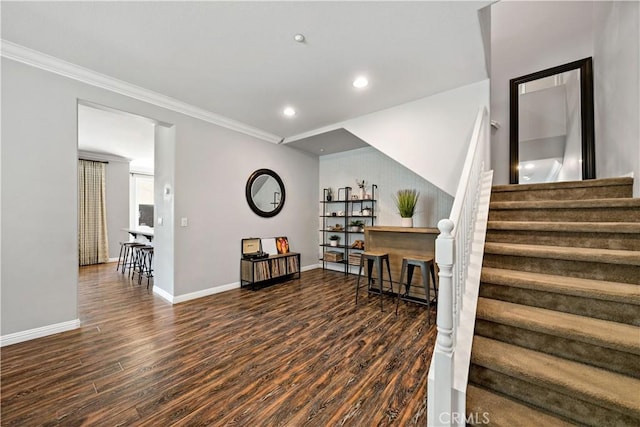 27423 Larabee Ct Unit 3, Murrieta, CA 92562 - staircase featuring wood finished floors, recessed lighting, baseboards, and ornamental molding
