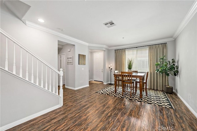 27423 Larabee Ct Unit 3, Murrieta, CA 92562 - dining space with wood finished floors, crown molding, stairway, baseboards, and recessed lighting