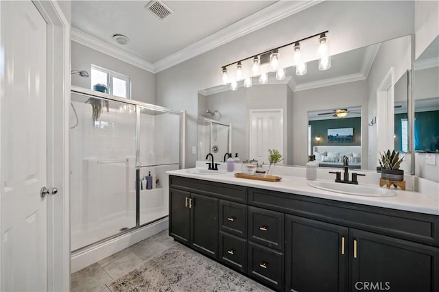 27423 Larabee Ct Unit 3, Murrieta, CA 92562 - ensuite bathroom with double vanity, a stall shower, a ceiling fan, and crown molding