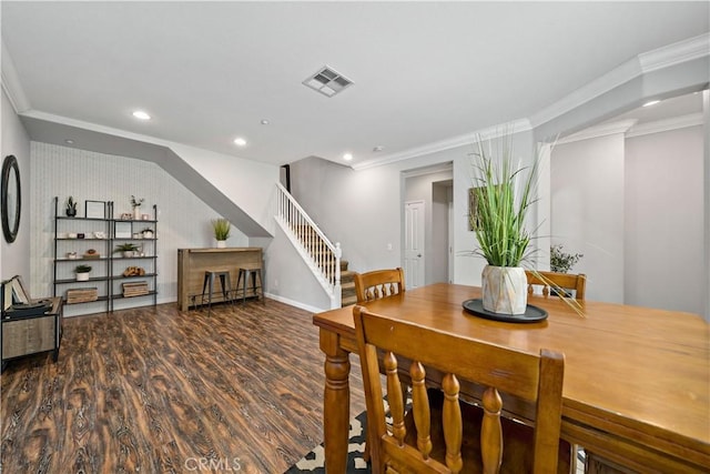 27423 Larabee Ct Unit 3, Murrieta, CA 92562 - dining room with stairs, wood finished floors, recessed lighting, crown molding, and baseboards