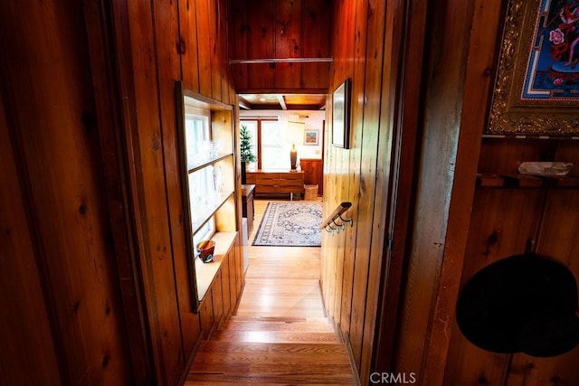 22460 Venido Rd, Woodland Hills, CA 91364 - hallway featuring wooden walls and light wood finished floors
