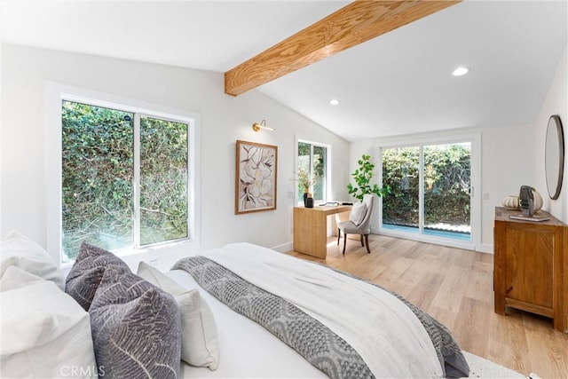 bedroom featuring light wood finished floors, access to exterior, recessed lighting, and baseboards
