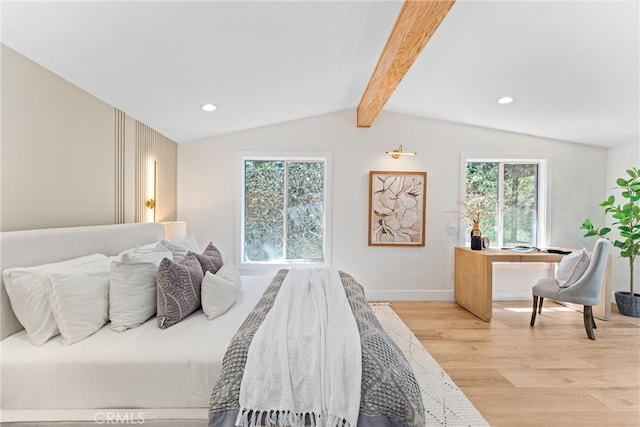 bedroom featuring light wood-style flooring, multiple windows, recessed lighting, baseboards, and a desk