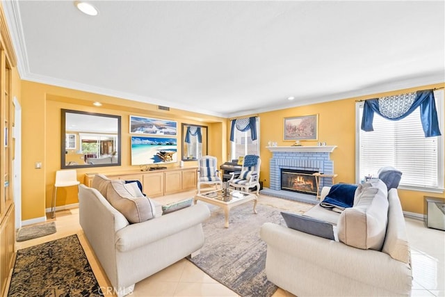 22541 Wakefield, Mission Viejo, CA 92692 - living area with a fireplace, ornamental molding, baseboards, recessed lighting, and light tile patterned flooring