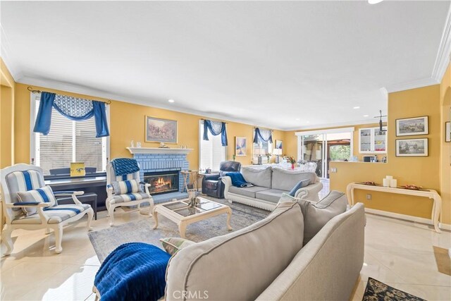 22541 Wakefield, Mission Viejo, CA 92692 - living room featuring ornamental molding, tile patterned flooring, a fireplace, and recessed lighting