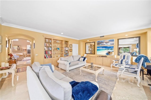 22541 Wakefield, Mission Viejo, CA 92692 - living room with ornamental molding, arched walkways, light tile patterned floors, and built in shelves