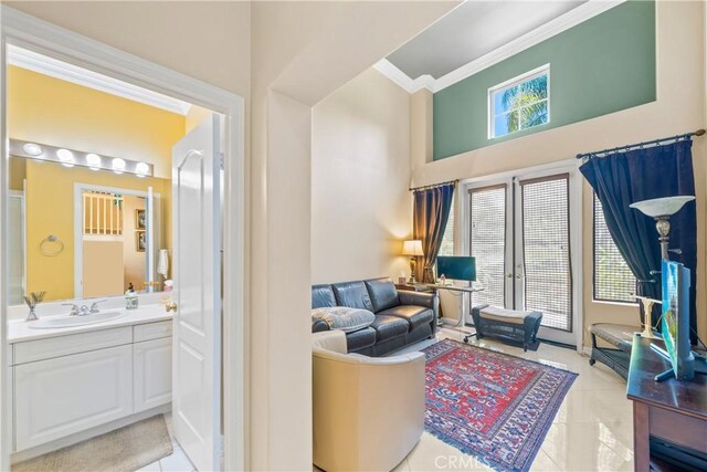 22541 Wakefield, Mission Viejo, CA 92692 - living area featuring ornamental molding, light tile patterned flooring, and a high ceiling