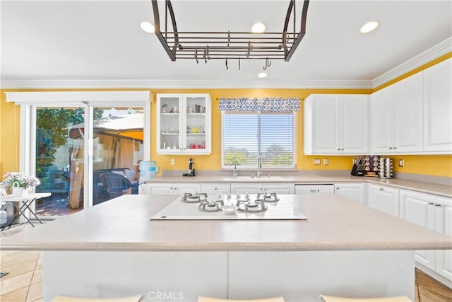 22541 Wakefield, Mission Viejo, CA 92692 - kitchen featuring white appliances, white cabinetry, plenty of natural light, recessed lighting, and ornamental molding