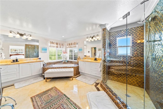 22541 Wakefield, Mission Viejo, CA 92692 - bathroom featuring ornamental molding, a garden tub, a shower stall, two vanities, and a textured ceiling