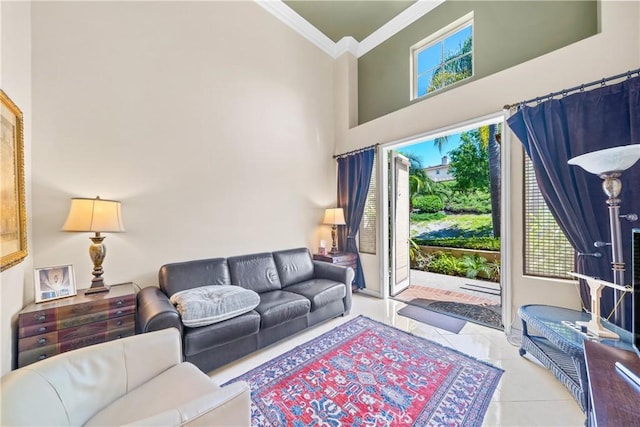 22541 Wakefield, Mission Viejo, CA 92692 - tiled living area featuring ornamental molding, plenty of natural light, and a towering ceiling