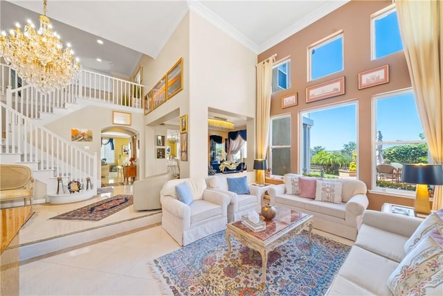 22541 Wakefield, Mission Viejo, CA 92692 - living room featuring crown molding, stairs, a towering ceiling, arched walkways, and tile patterned flooring