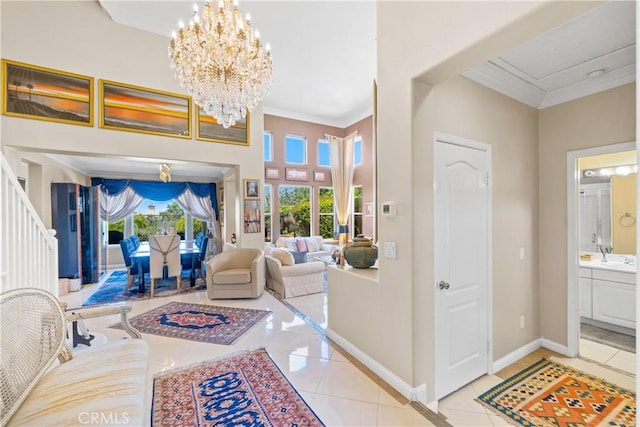 22541 Wakefield, Mission Viejo, CA 92692 - foyer entrance with tile patterned flooring, a chandelier, crown molding, and baseboards