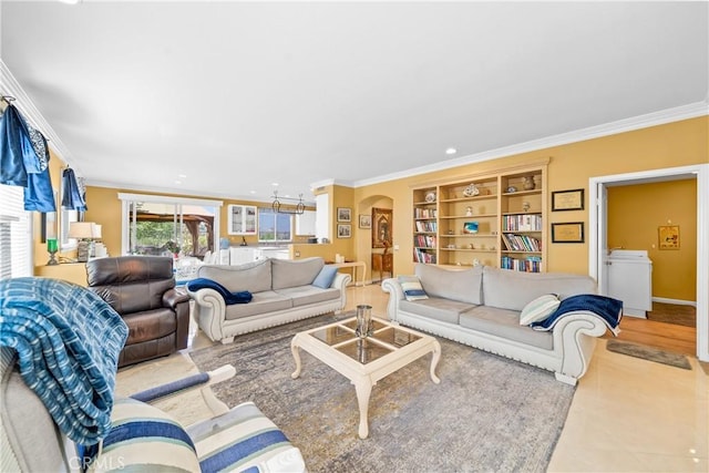 22541 Wakefield, Mission Viejo, CA 92692 - tiled living room featuring ornamental molding, arched walkways, washer / clothes dryer, and recessed lighting