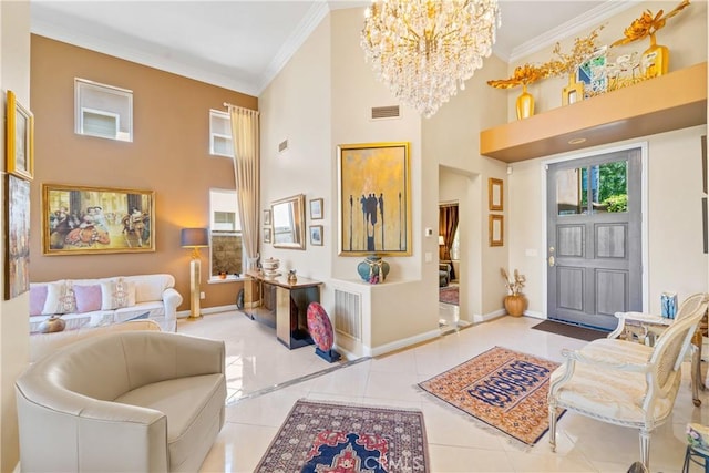 22541 Wakefield, Mission Viejo, CA 92692 - foyer with crown molding, tile patterned flooring, a chandelier, baseboards, and a towering ceiling