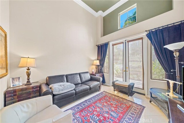 22541 Wakefield, Mission Viejo, CA 92692 - tiled living room with crown molding, healthy amount of natural light, and a high ceiling